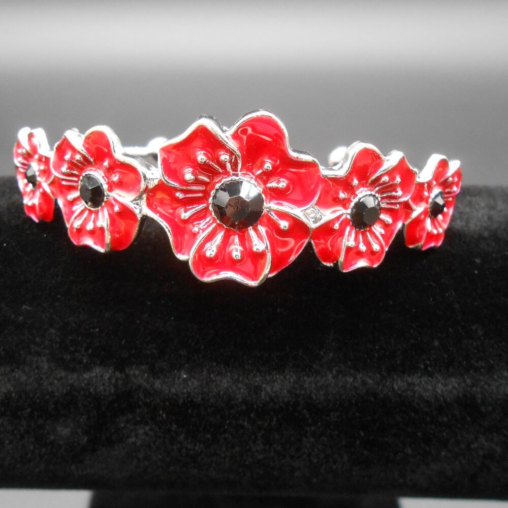 Bracelet, Black Austrian Crystal and Enameled Poppy Flower,  Silvertone (6.50 In